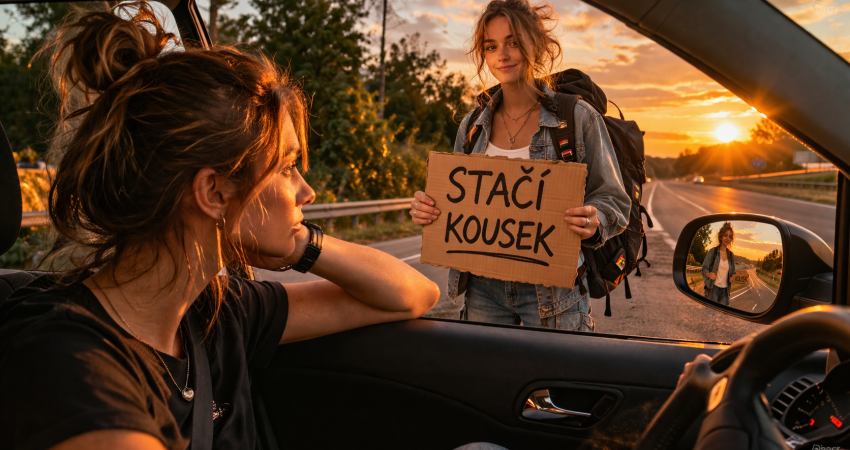 Stopařka s cedulí „Stačí kousek“ mi zamotá hlavu.