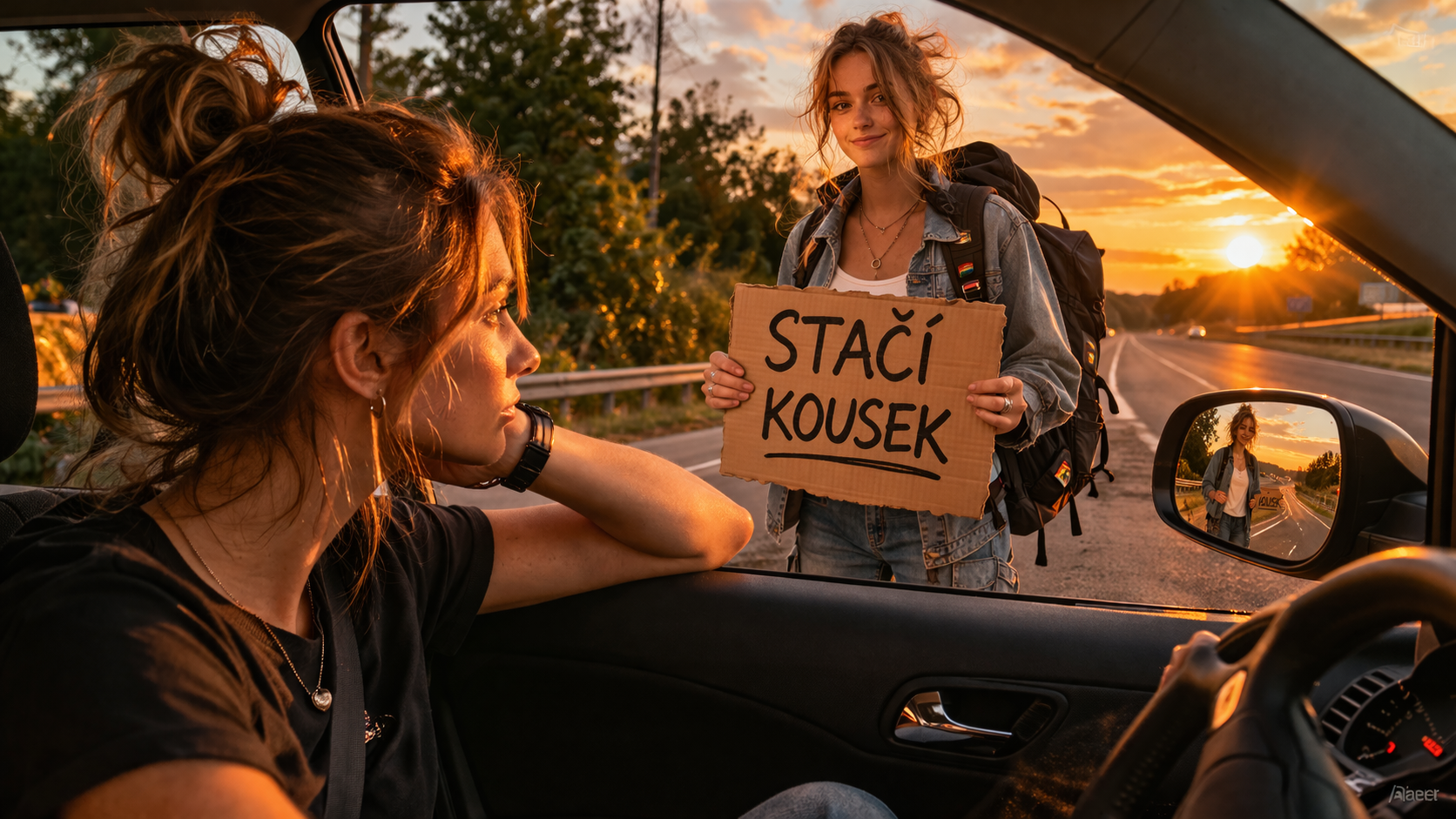 Stopařka s cedulí „Stačí kousek“ mi zamotá hlavu.